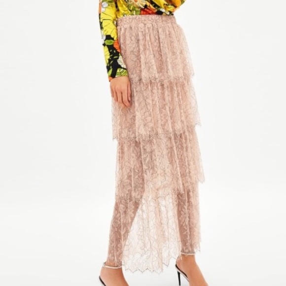 Zara Dresses & Skirts - Zara Lace Tiered Maxi Length Skirt in Light Pink